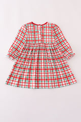 Red santa claus embroidery plaid ruffle dress