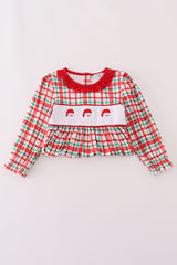 Red santa claus embroidery plaid ruffle dress