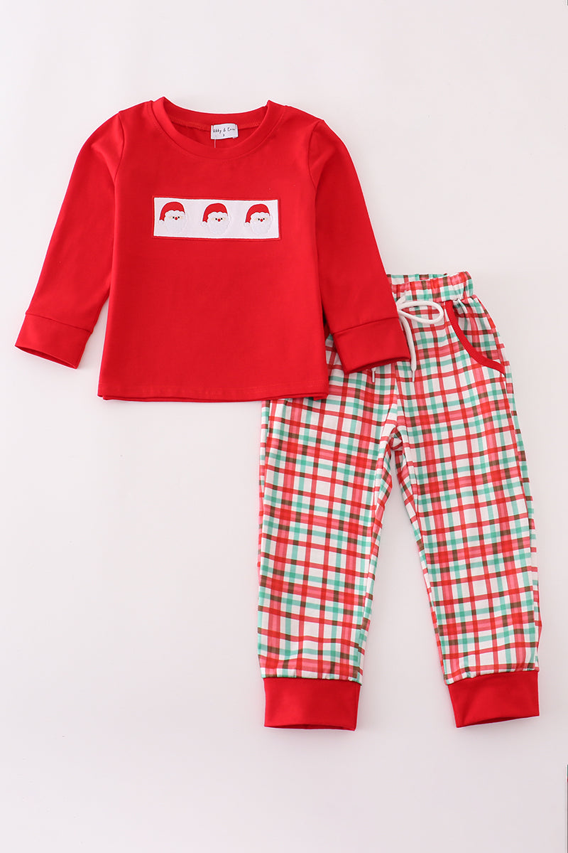 Red santa claus embroidery plaid pants set