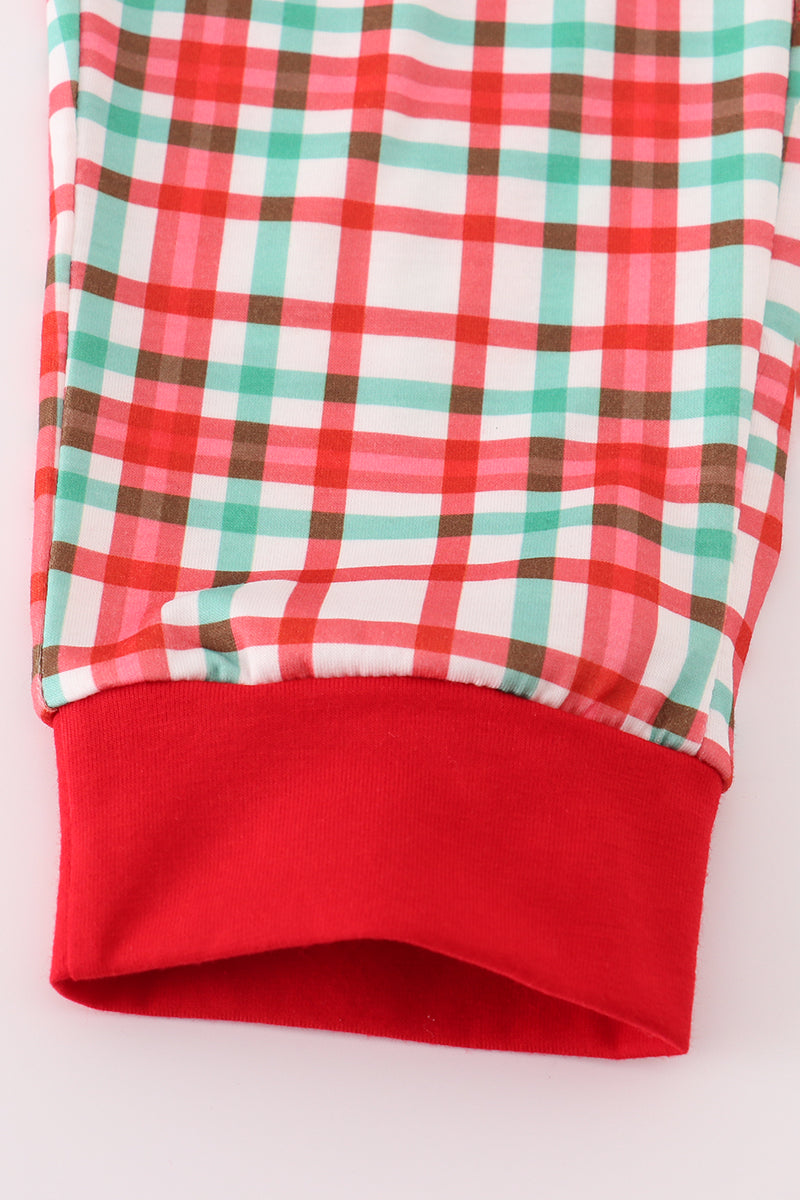 Red santa claus embroidery plaid pants set