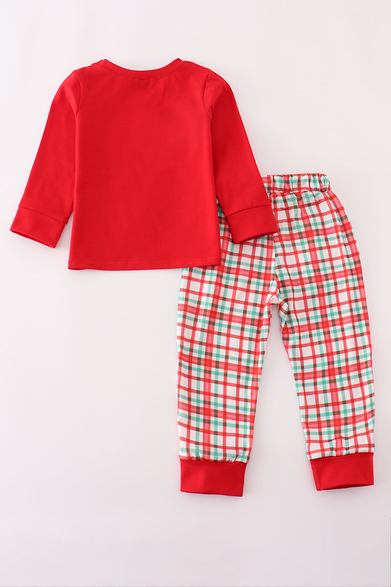 Red santa claus embroidery plaid pants set
