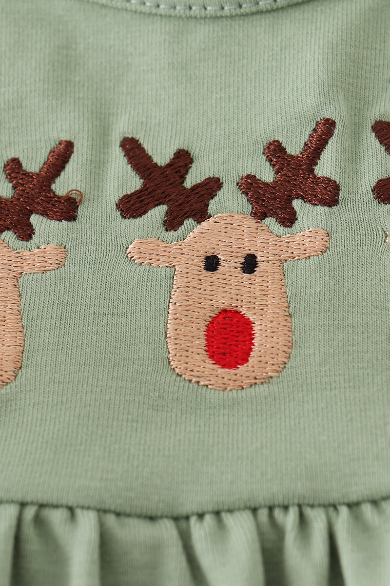 Green christmas reindeer embroidery girl bloomers set