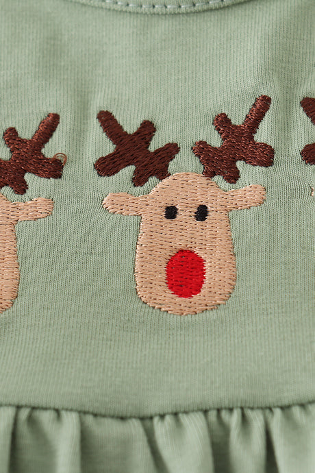 Green christmas reindeer embroidery girl bloomers set