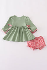Green christmas reindeer embroidery girl bloomers set