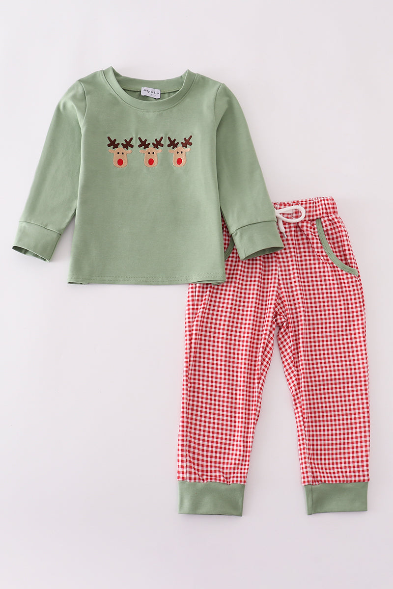 Green reindeer embroidery pants set