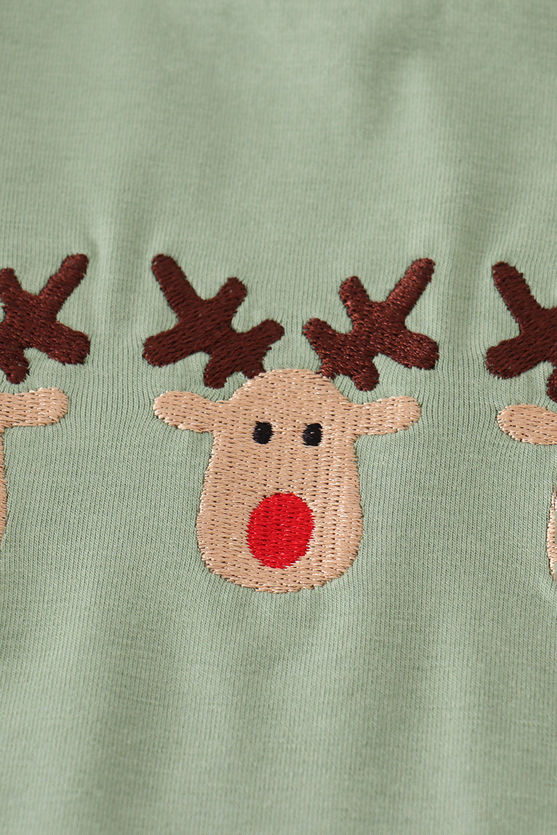 Green reindeer embroidery pants set