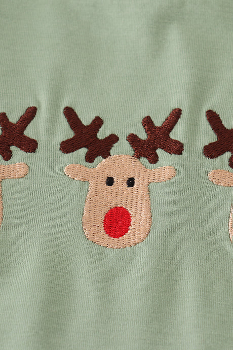 Green reindeer embroidery pants set