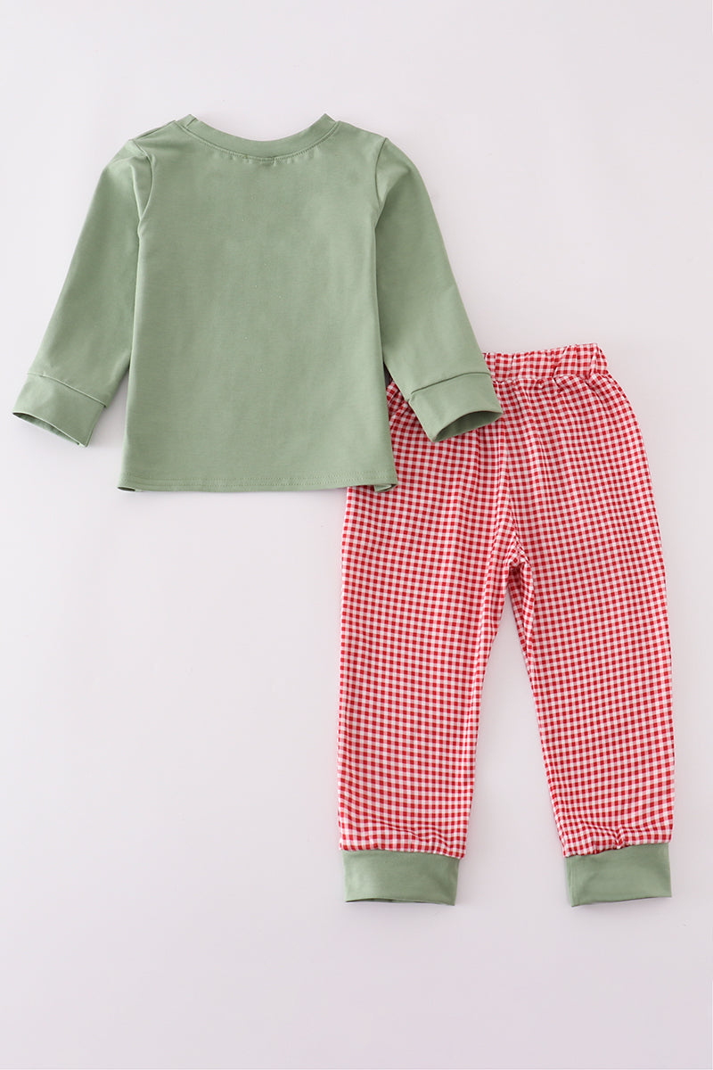 Green reindeer embroidery pants set