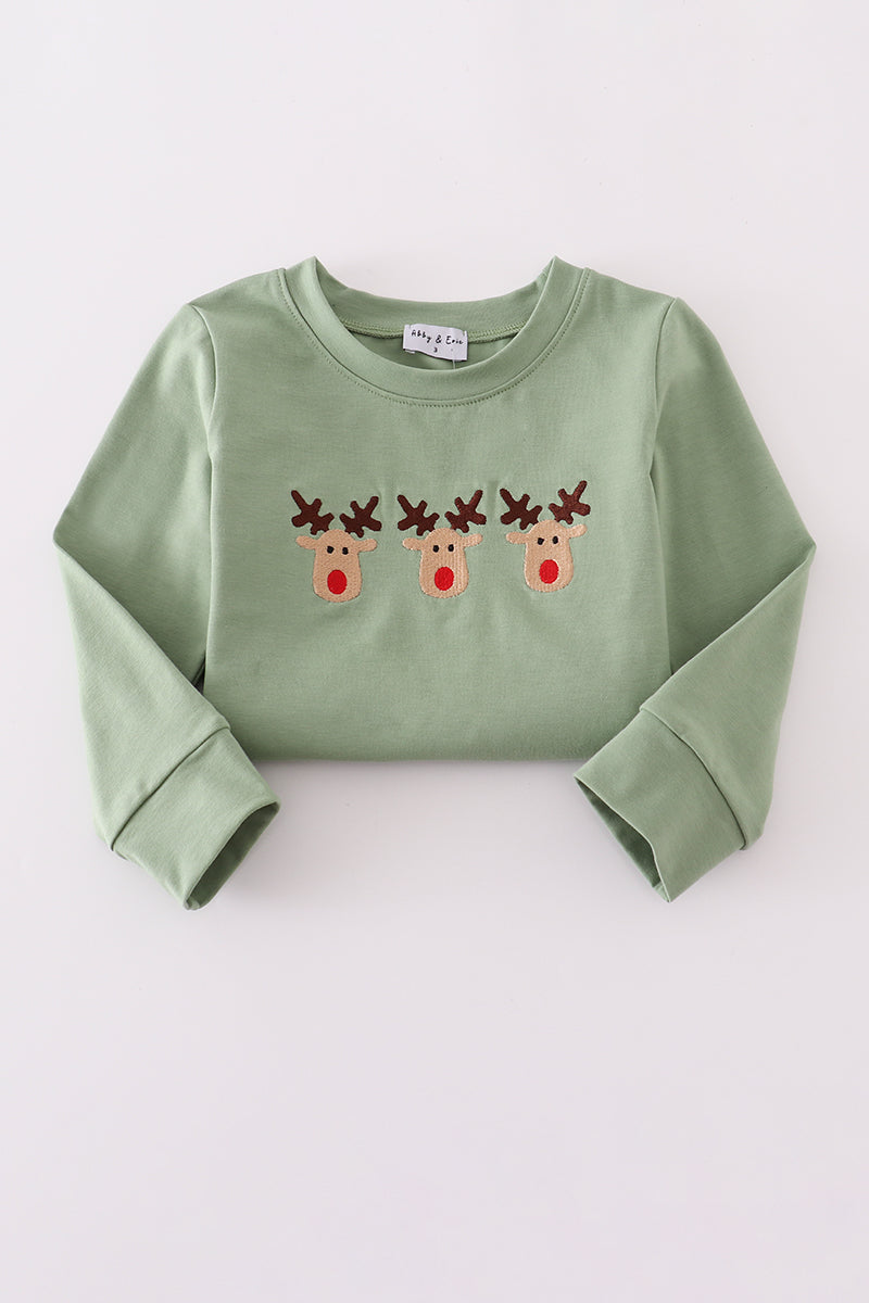 Green reindeer embroidery pants set