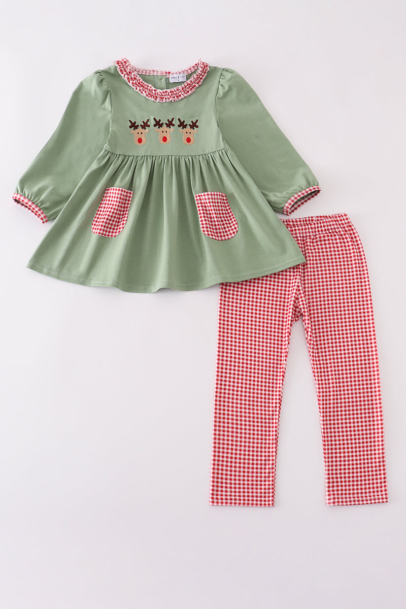Green reindeer embroidery ruffle pants set