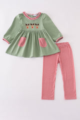 Green reindeer embroidery ruffle pants set