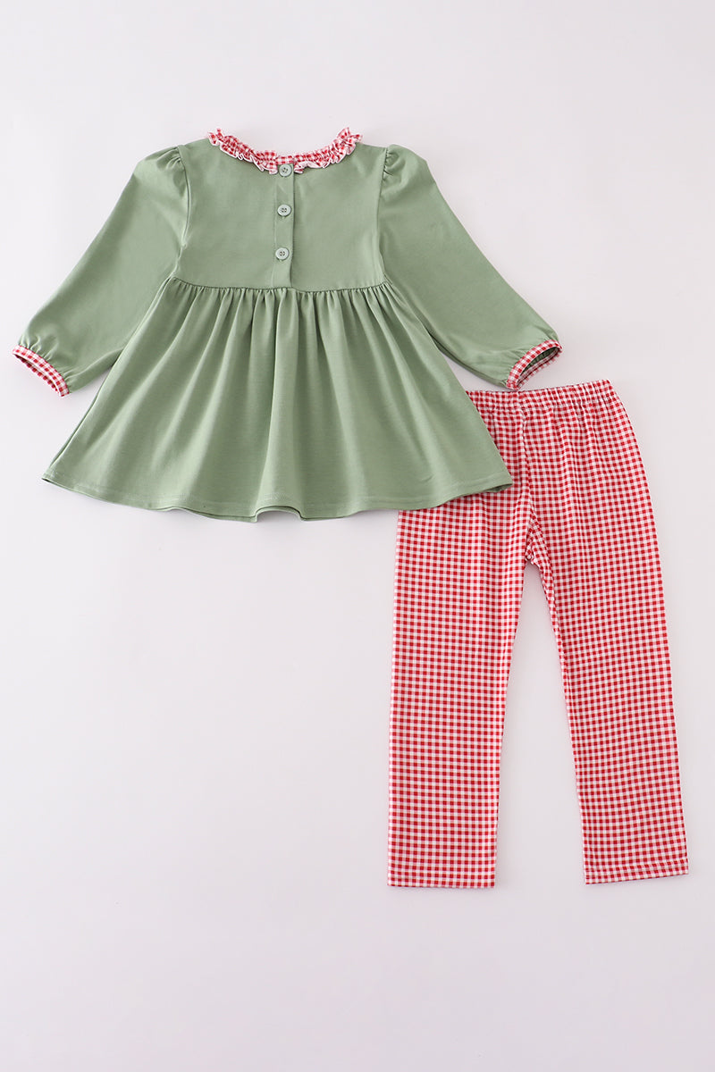 Green reindeer embroidery ruffle pants set