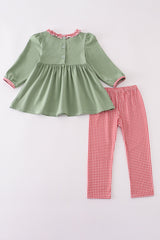Green reindeer embroidery ruffle pants set