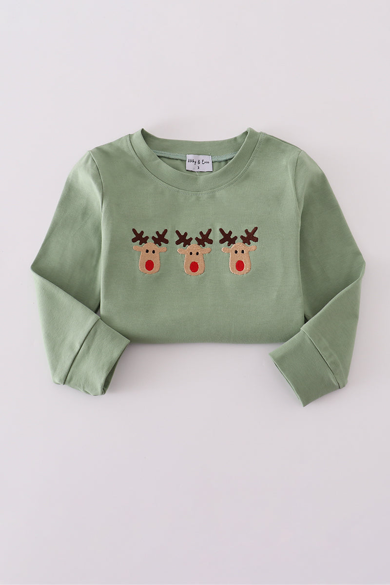 Green reindeer embroidery top