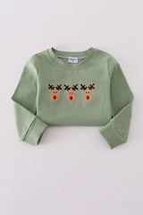 Green reindeer embroidery top