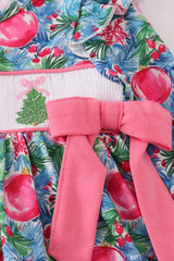 Blue christmas tree smocked ruffle bloomer set