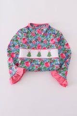 Blue christmas tree smocked ruffle pants set