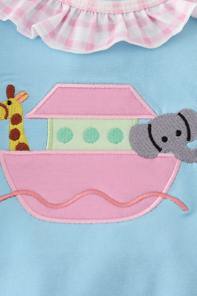 Blue Noah's Ark applique ruffle bubble