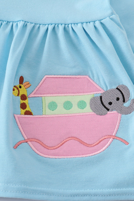 Blue Noah's Ark applique ruffle bloomer set