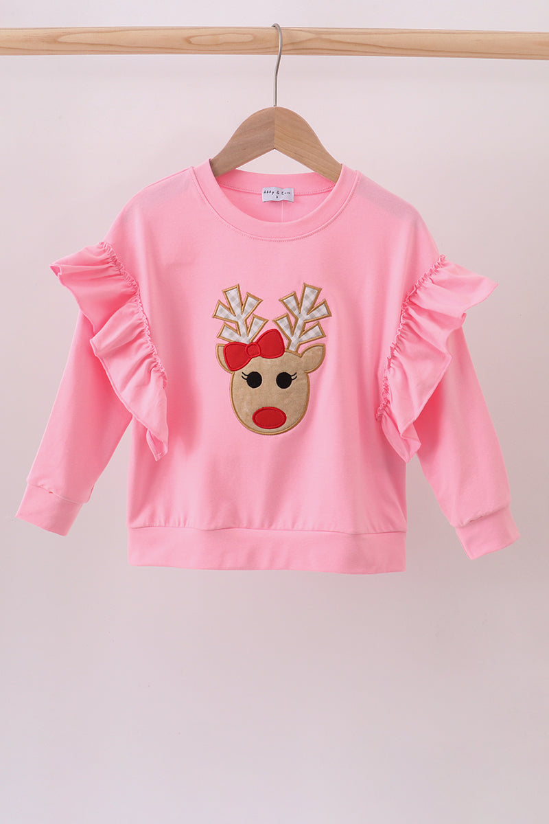 Pink reindeer applique top