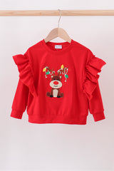 Red reindeer applique ruffle top