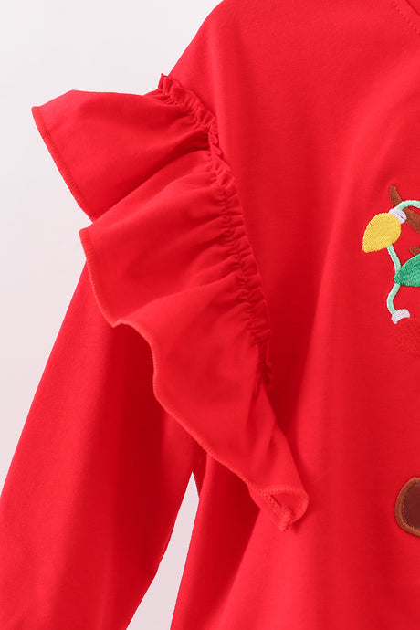 Red reindeer applique ruffle top