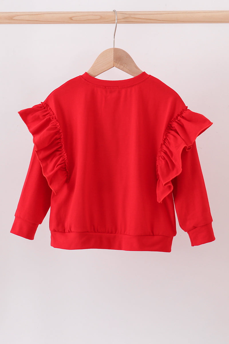 Red reindeer applique ruffle top