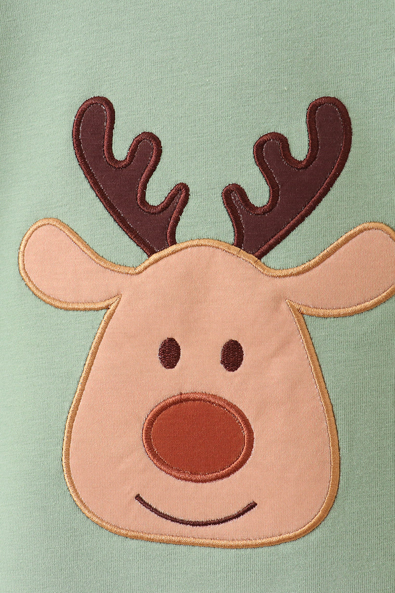 Green christmas reindeer applique plaid pants set