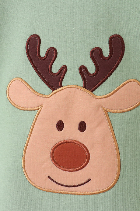 Green christmas reindeer applique plaid pants set