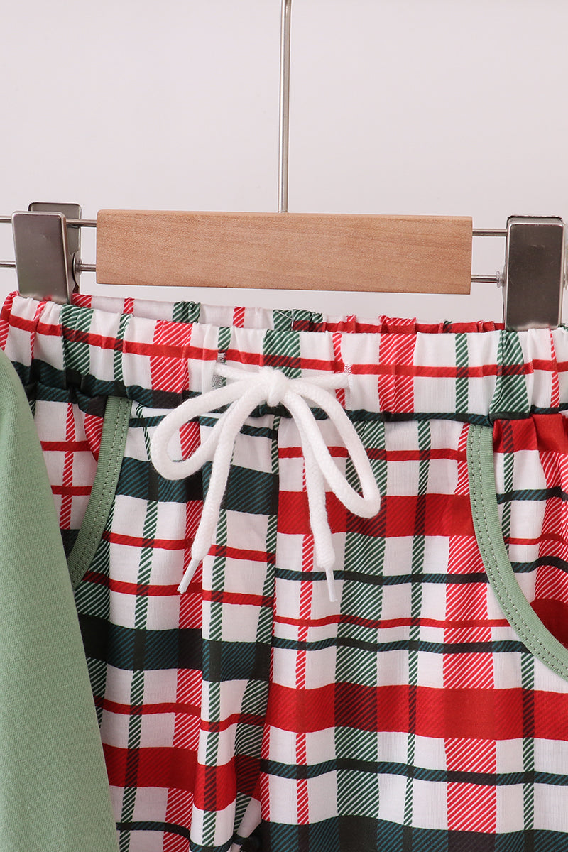 Green christmas reindeer applique plaid pants set
