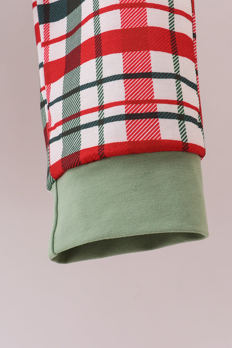 Green christmas reindeer applique plaid pants set