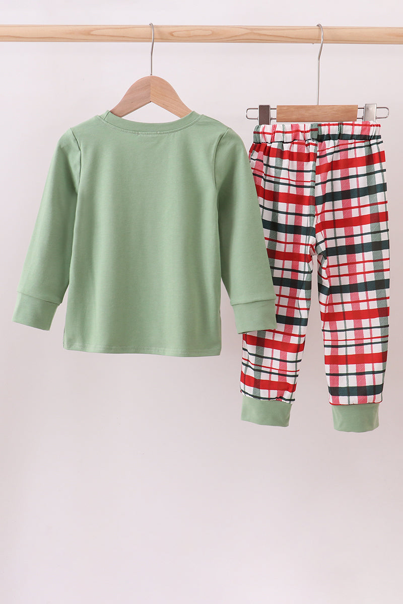 Green christmas reindeer applique plaid pants set