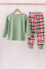 Green christmas reindeer applique plaid pants set