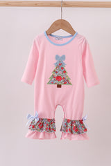 Pink christmas tree applique ruffle romper