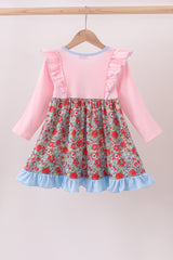 Pink christmas tree applique ruffle dress