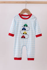 Blue car embroidery gingham romper