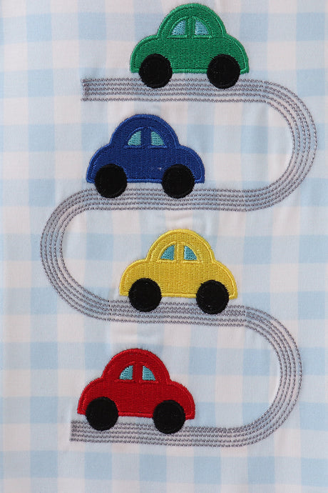 Blue car embroidery gingham romper