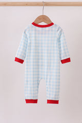Blue car embroidery gingham romper