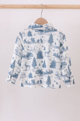 Blue christmas reindeer tree button down shirt