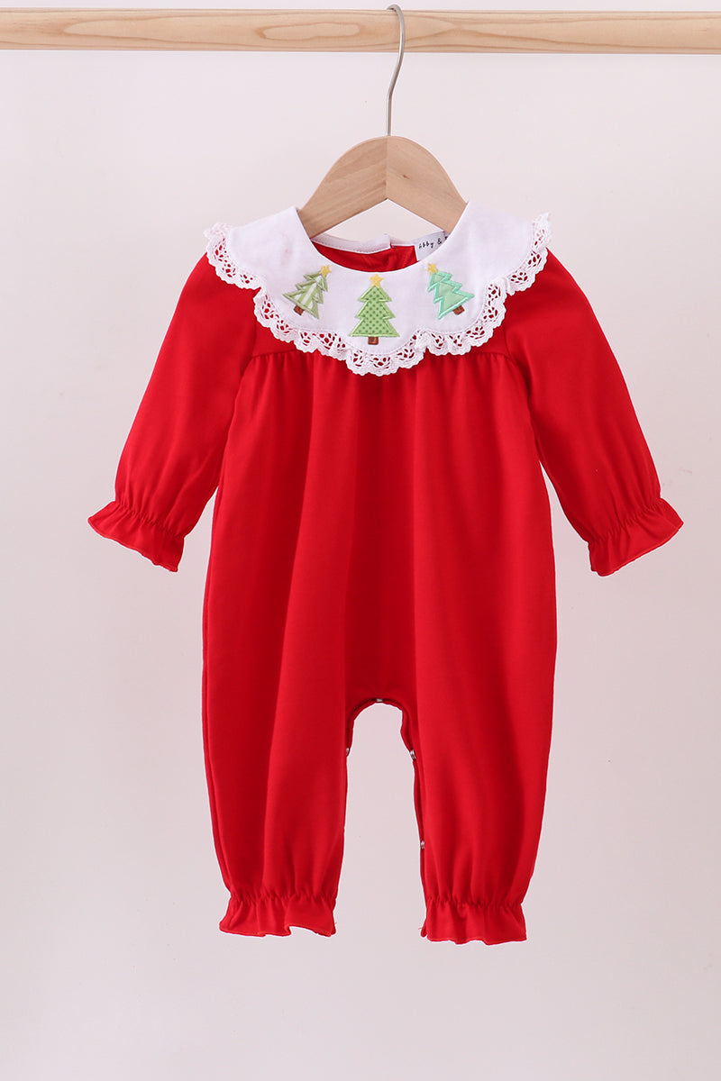 Red christmas tree embroidery romper