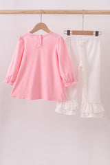 Pink bow embroidery ruffle pants set