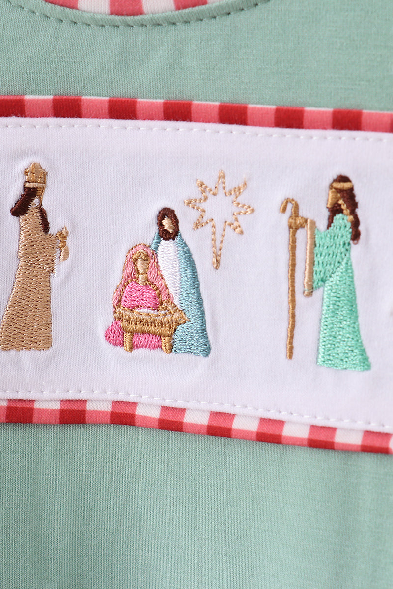 Green nativity embroidery romper