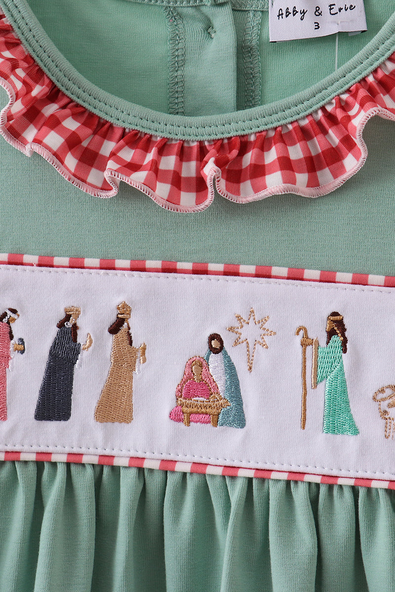 Green nativity embroidery ruffle pants set
