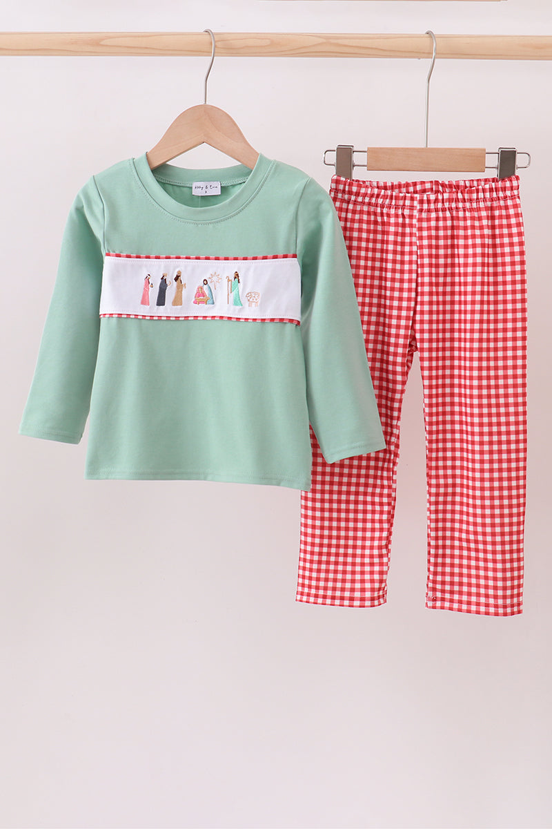 Green nativity embroidery pants set