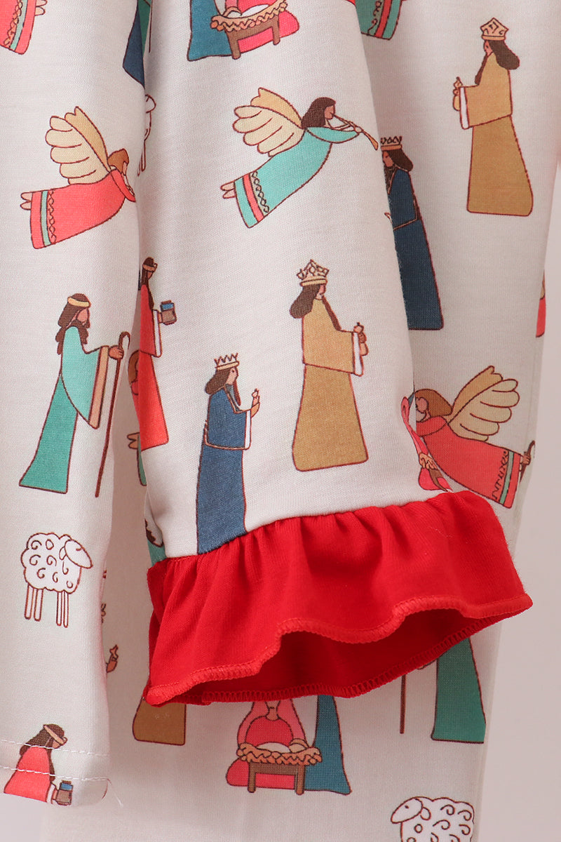 Nativity print ruffle pajamas set
