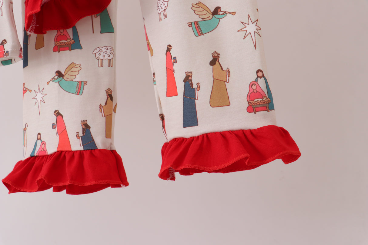 Nativity print ruffle pajamas set
