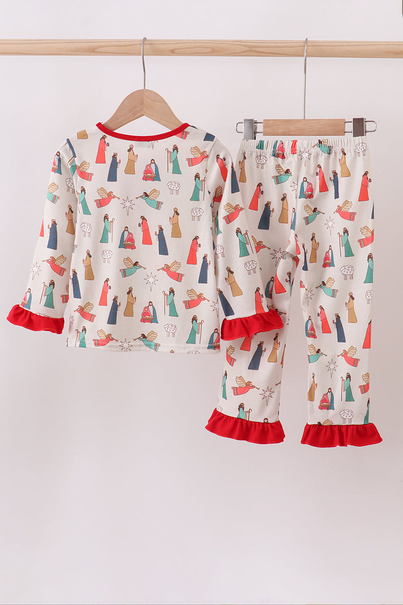 Nativity print ruffle pajamas set