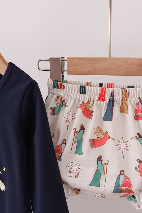 Navy nativity french knot bloomer set