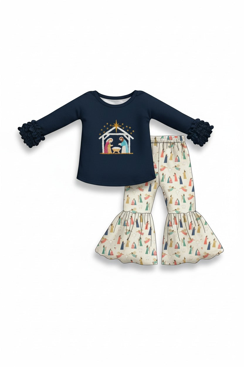 Navy nativity french knot ruffle pants set
