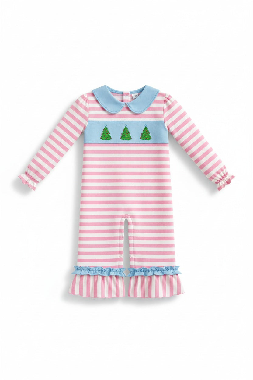 Pink christmas tree smocked stripe ruffle romper